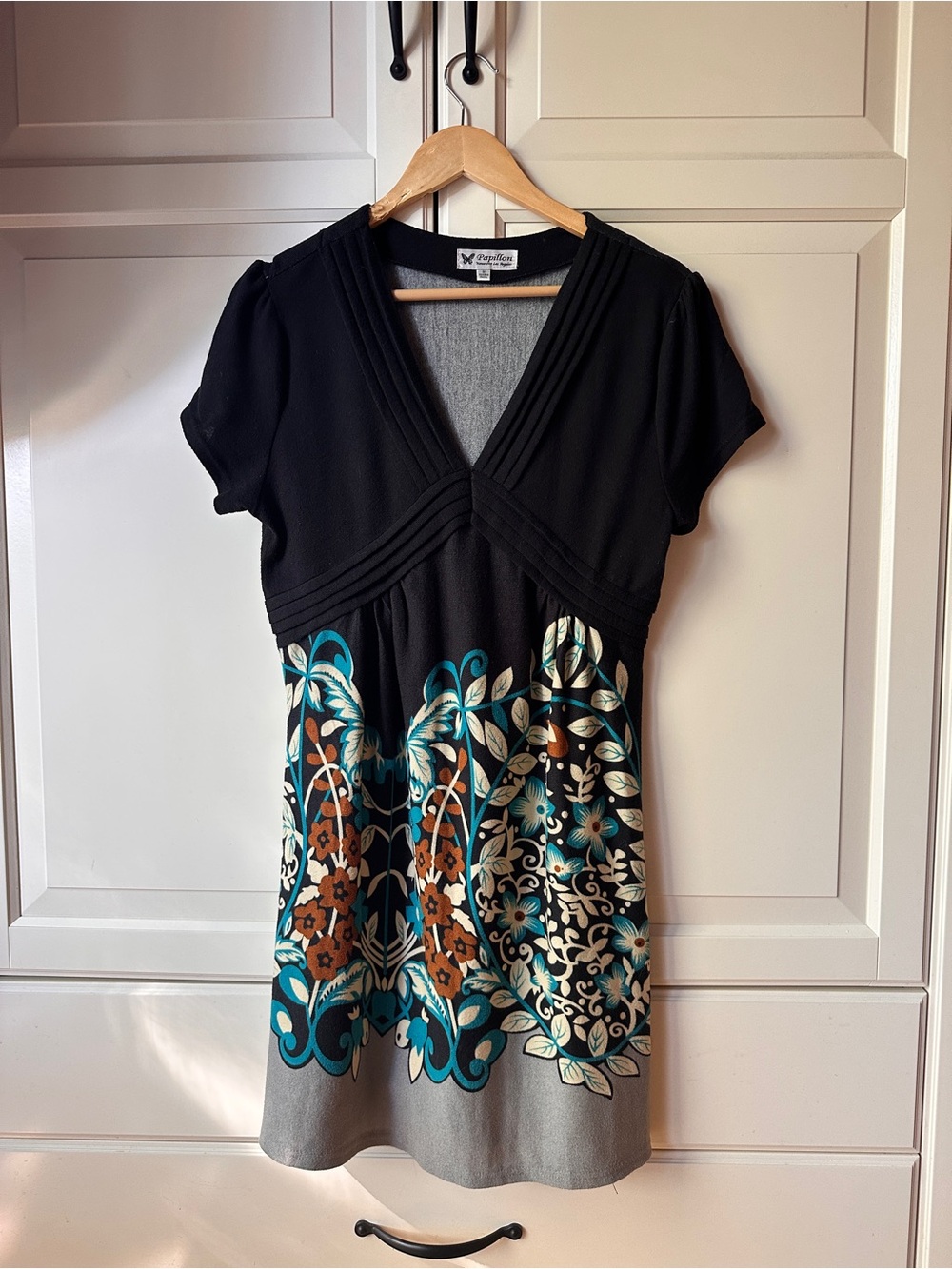 Papillon dark grey Midi Dress with Teal, Rust & Cream Floral Border